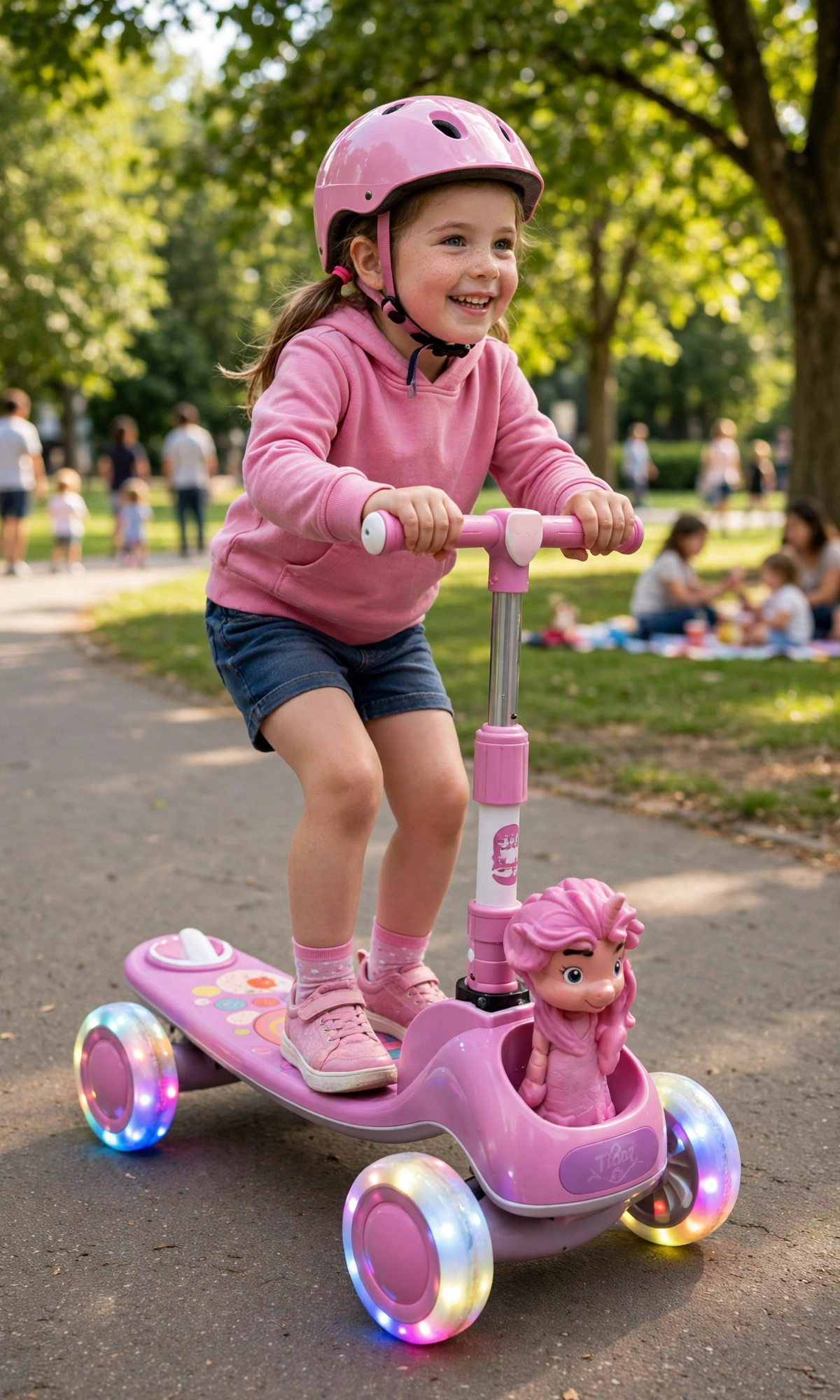 Girl riding the pink musical 3-wheel scooty in a park