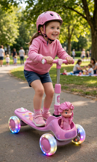 Thumbnail for Girl riding the pink musical 3-wheel scooty in a park