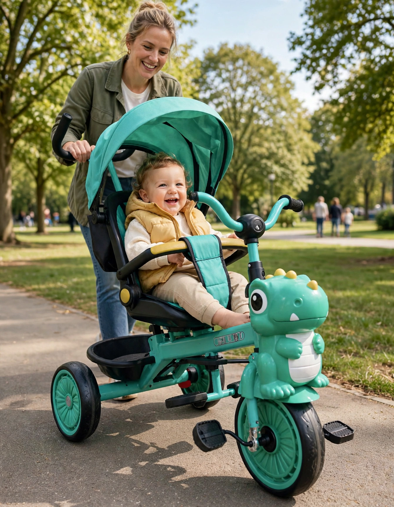 Parent pushing baby in the tricycle stroller in a park