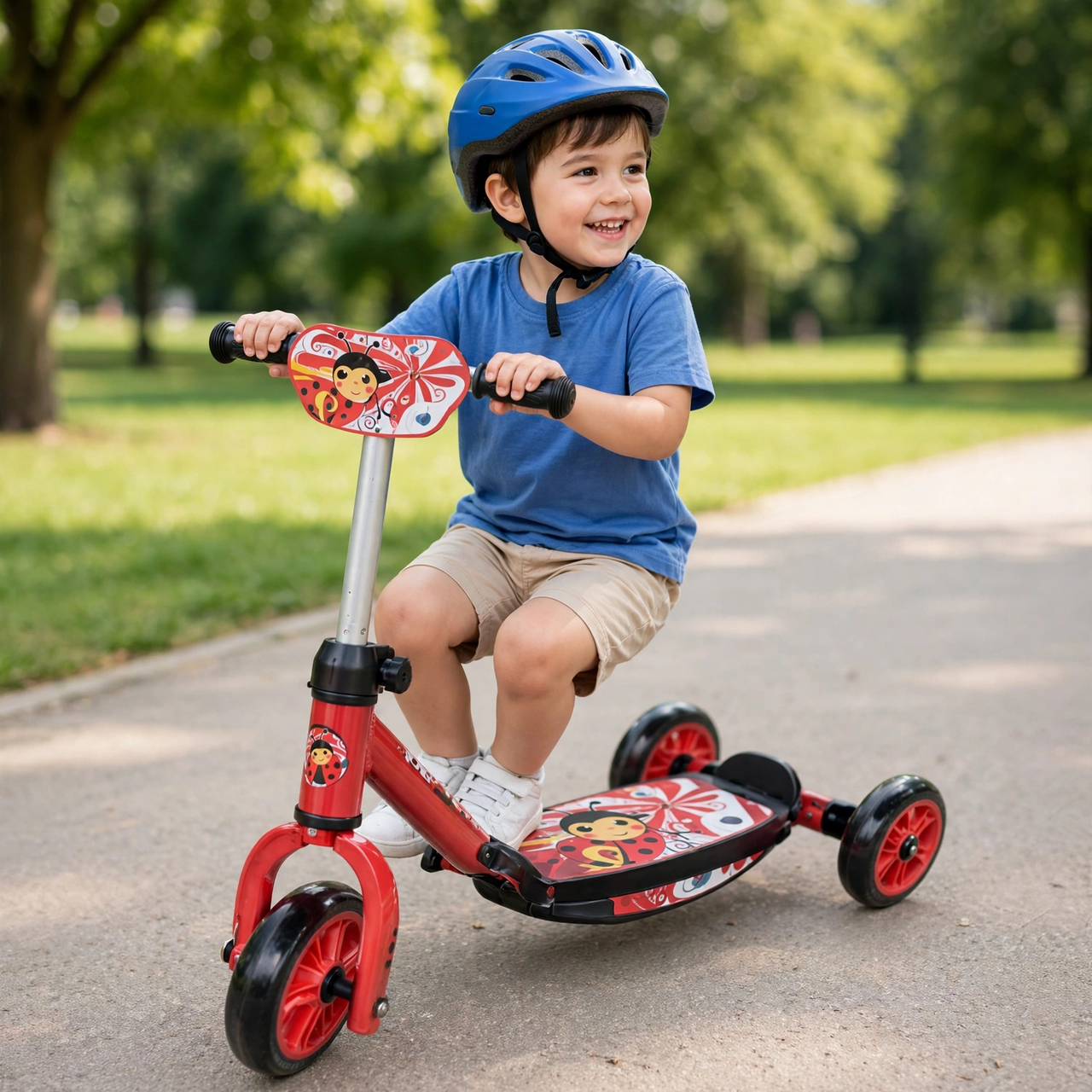 Boy riding the red ladybug scooter in the park