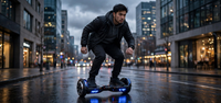 Thumbnail for Adult riding the 8-inch hoverboard on a city street at dusk
