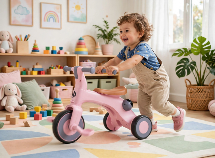 Toddler pushing the pink MiniBi balance bike in a playroom