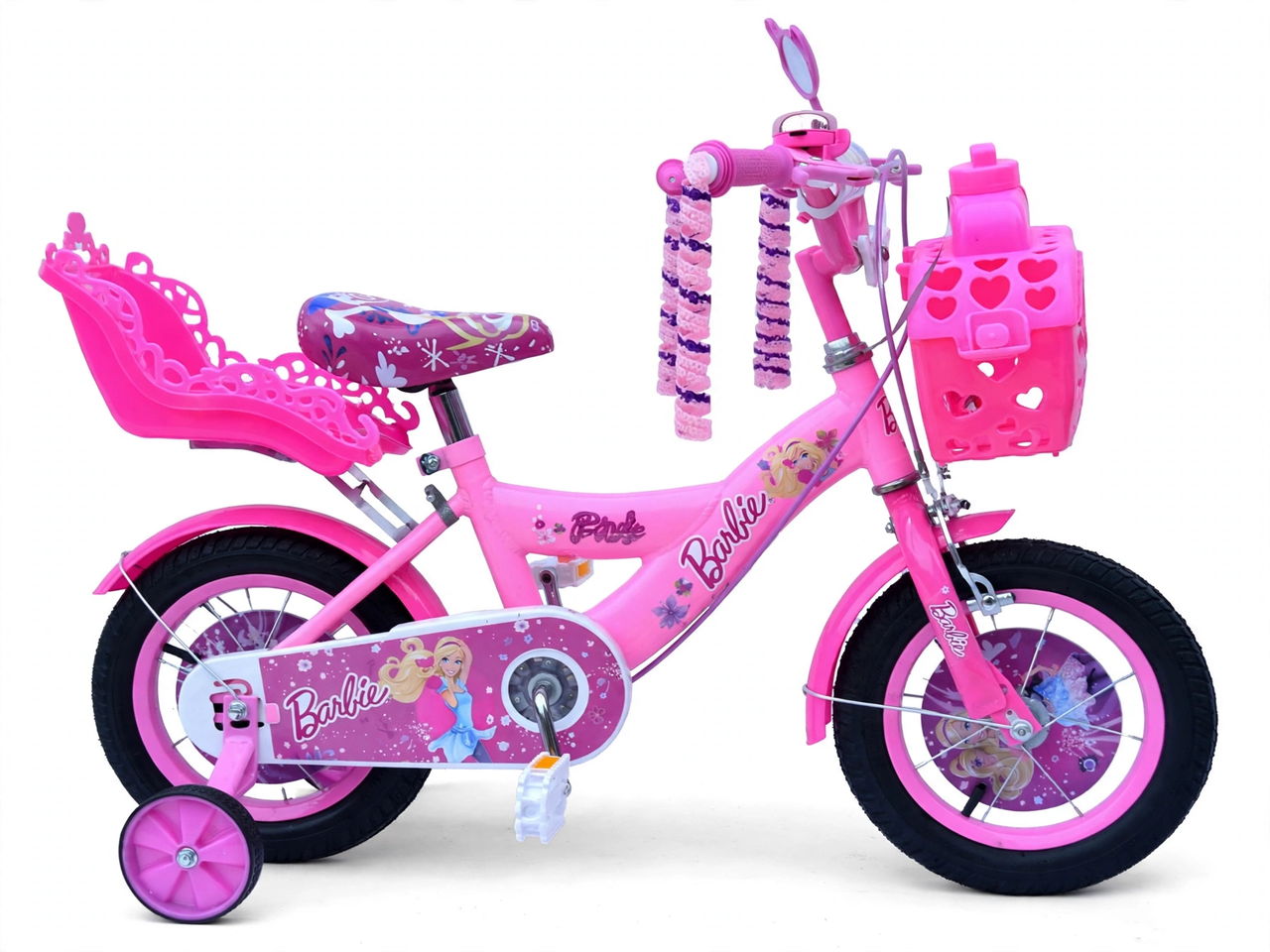 Barbie 20-inch pink and purple kids bicycle, studio product shot