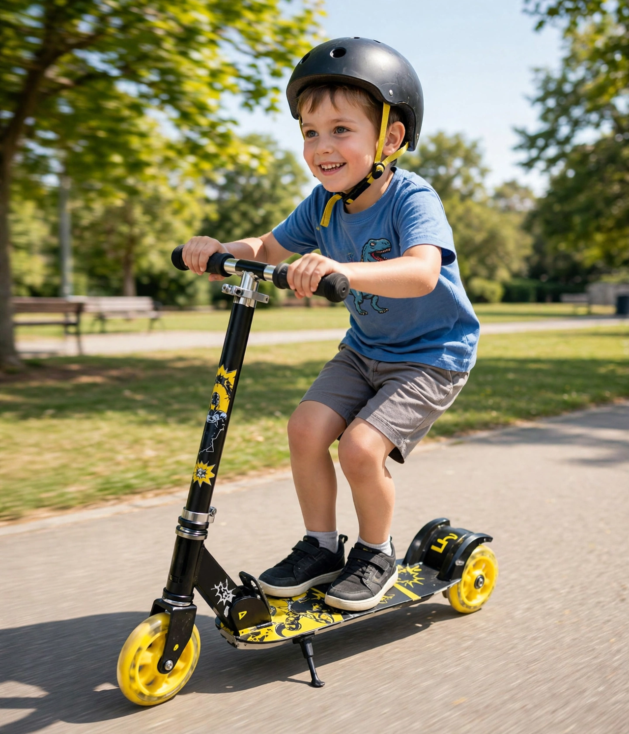 Kid riding the Batman metal scooter in a park