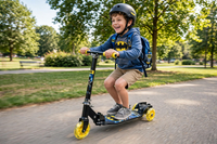 Thumbnail for Kid riding the Batman metal kick scooter in a park