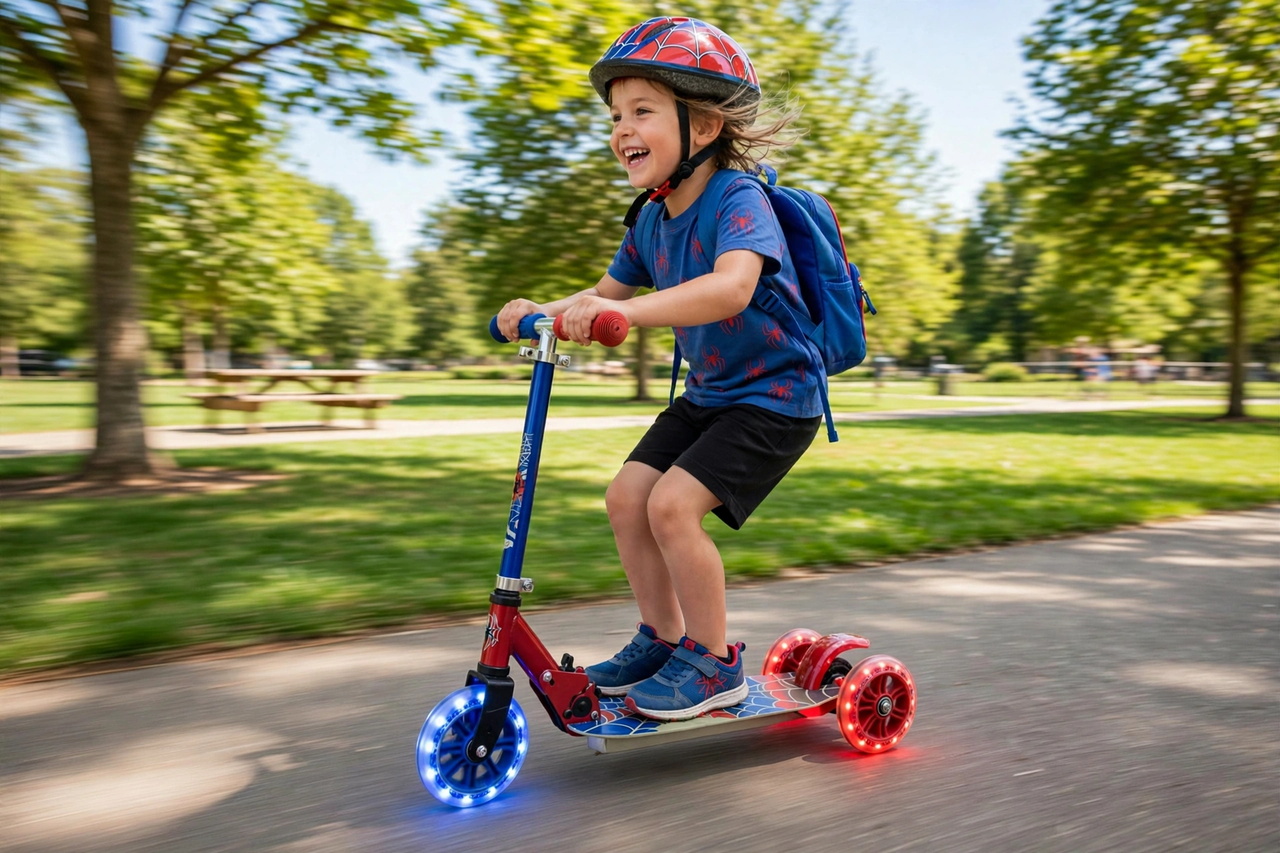 Kid riding the Spider-Man Web Rider Scooty in a park