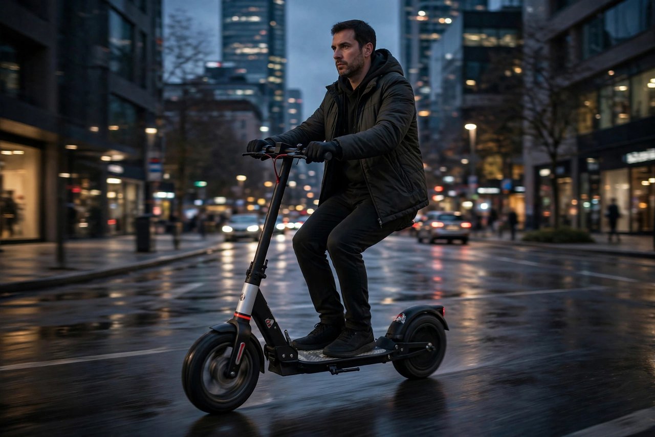 Adult riding the electric scooty on a city street at dusk