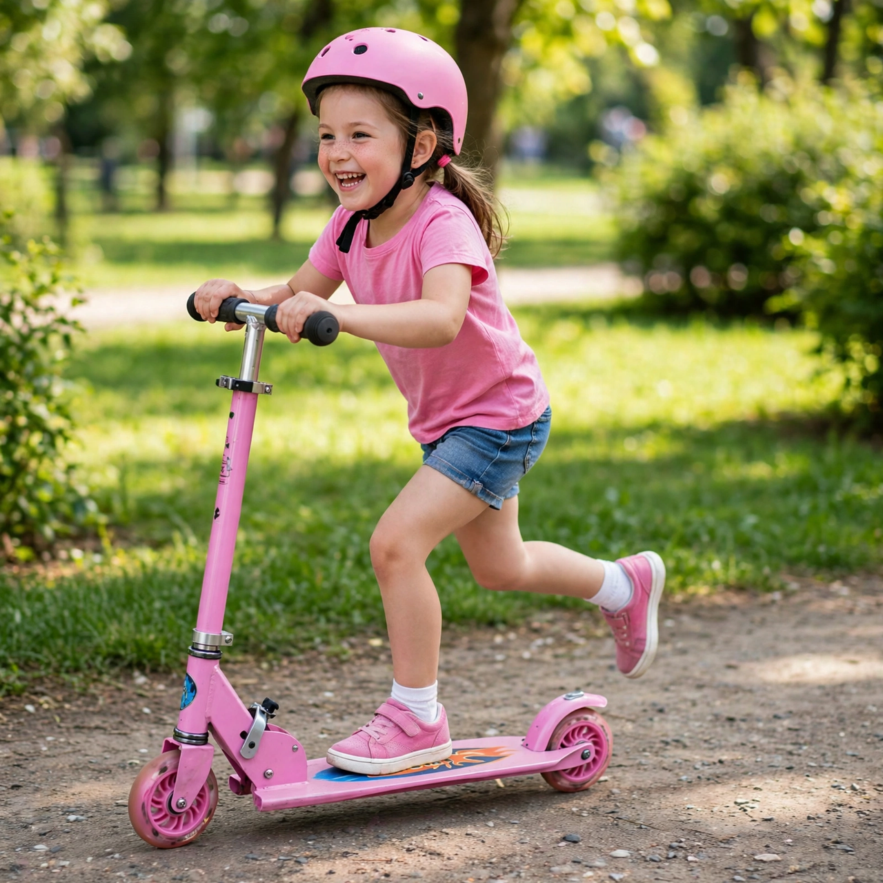 Girl riding the Fenix pink scooter in the park