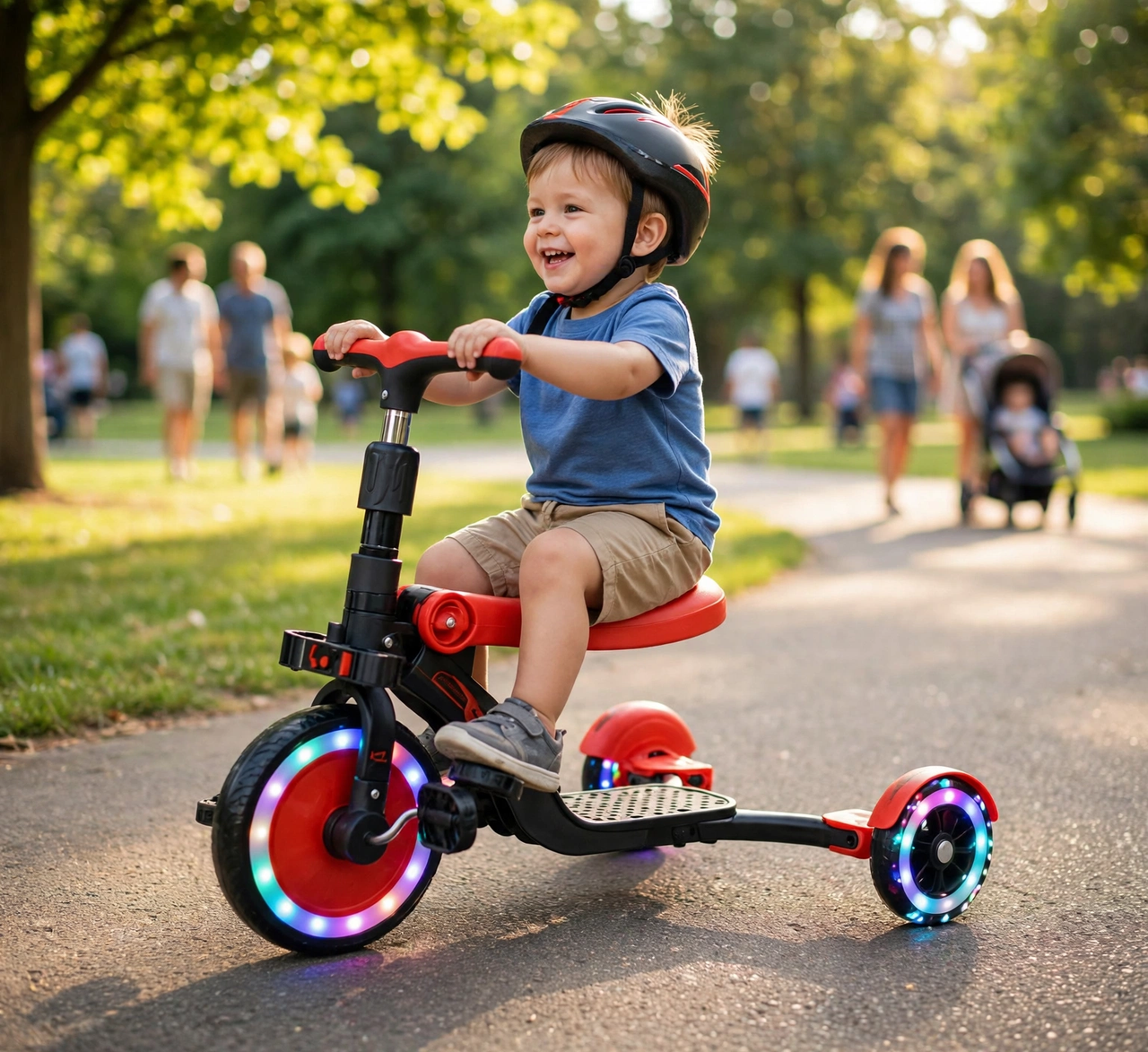 Toddler riding the musical tricycle in a park