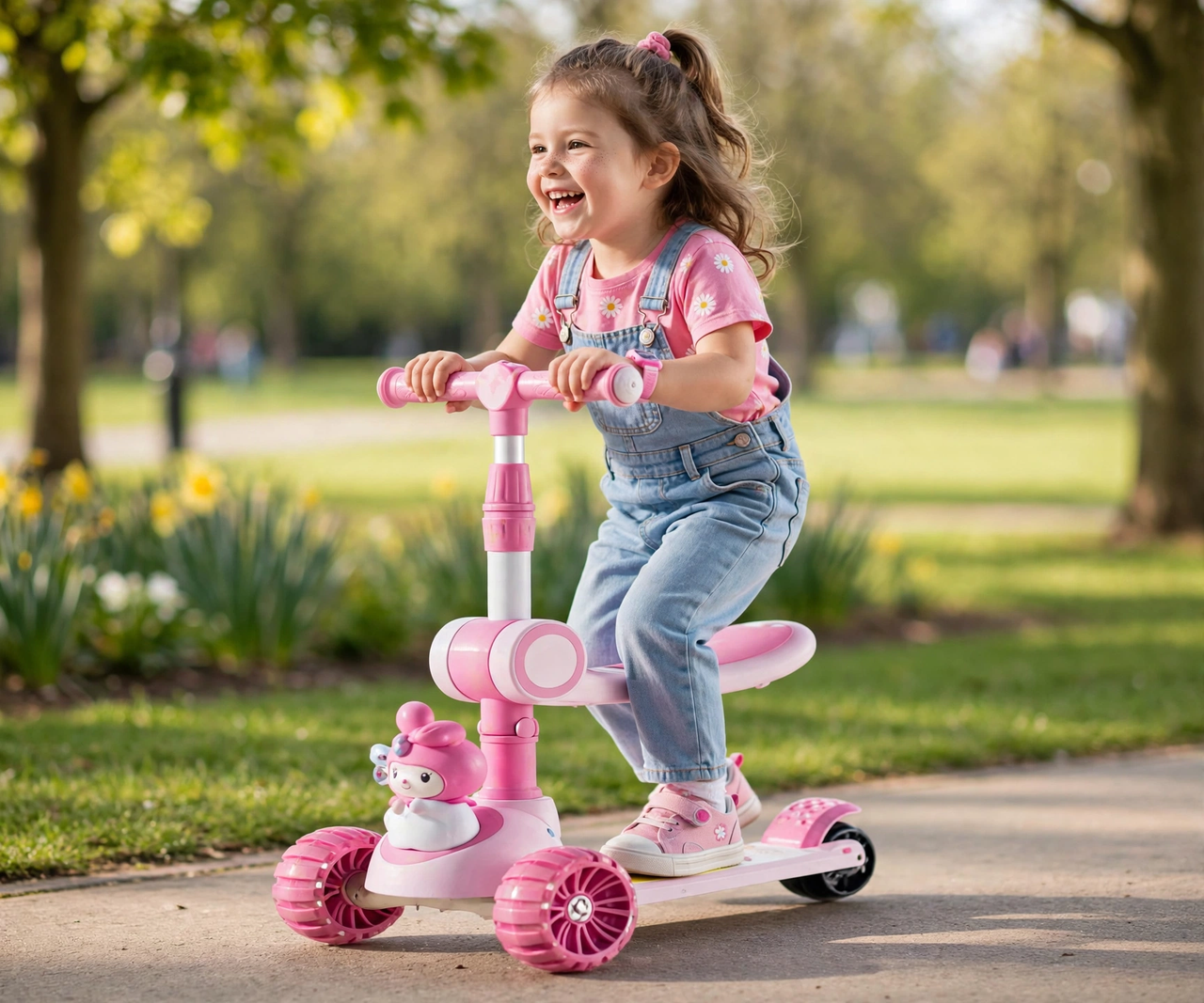 Little girl riding the Lovely Pink Scooty in a sunny park