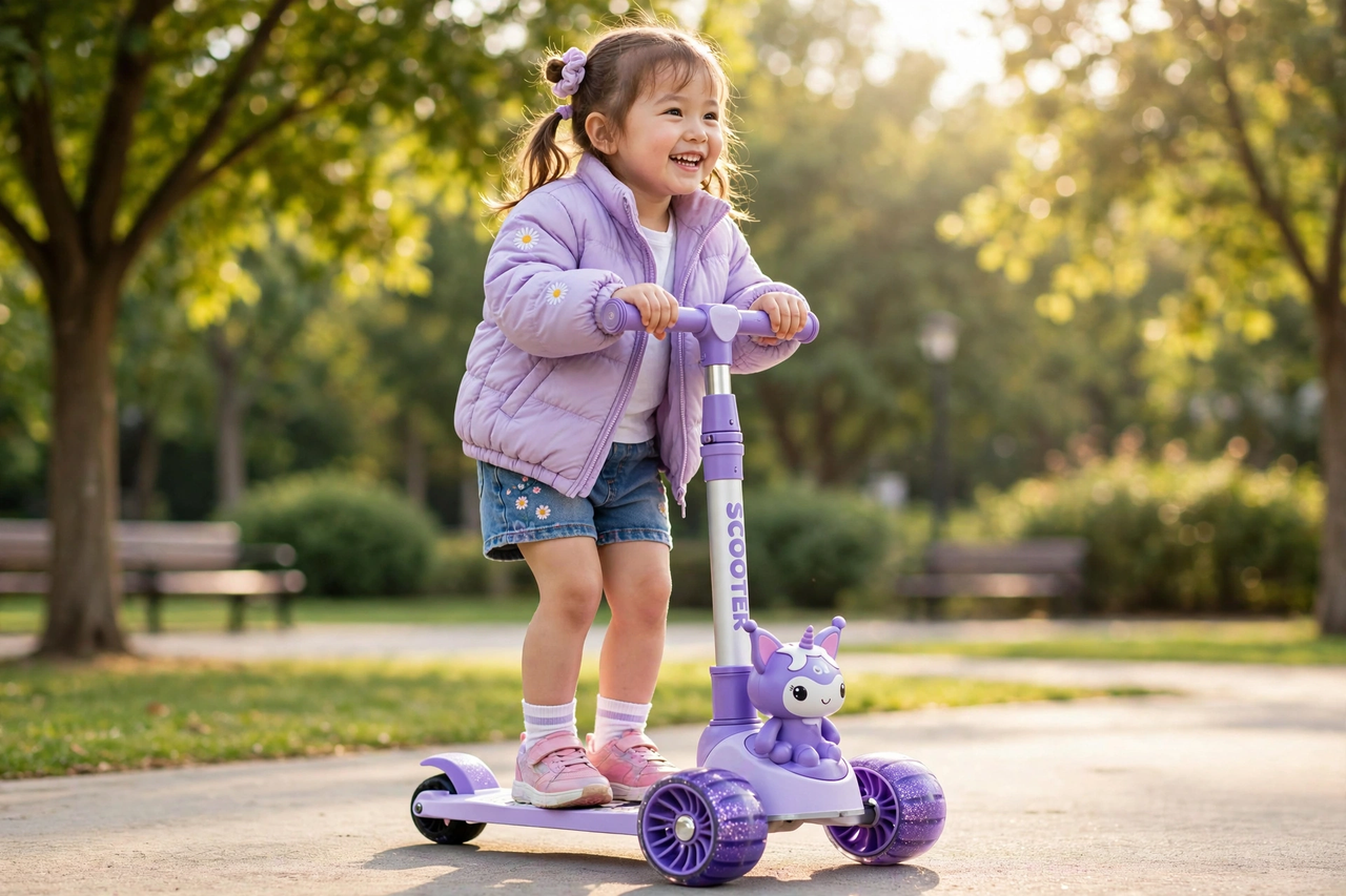 Little girl riding the Lovely Lavender Scooty in a sunny park