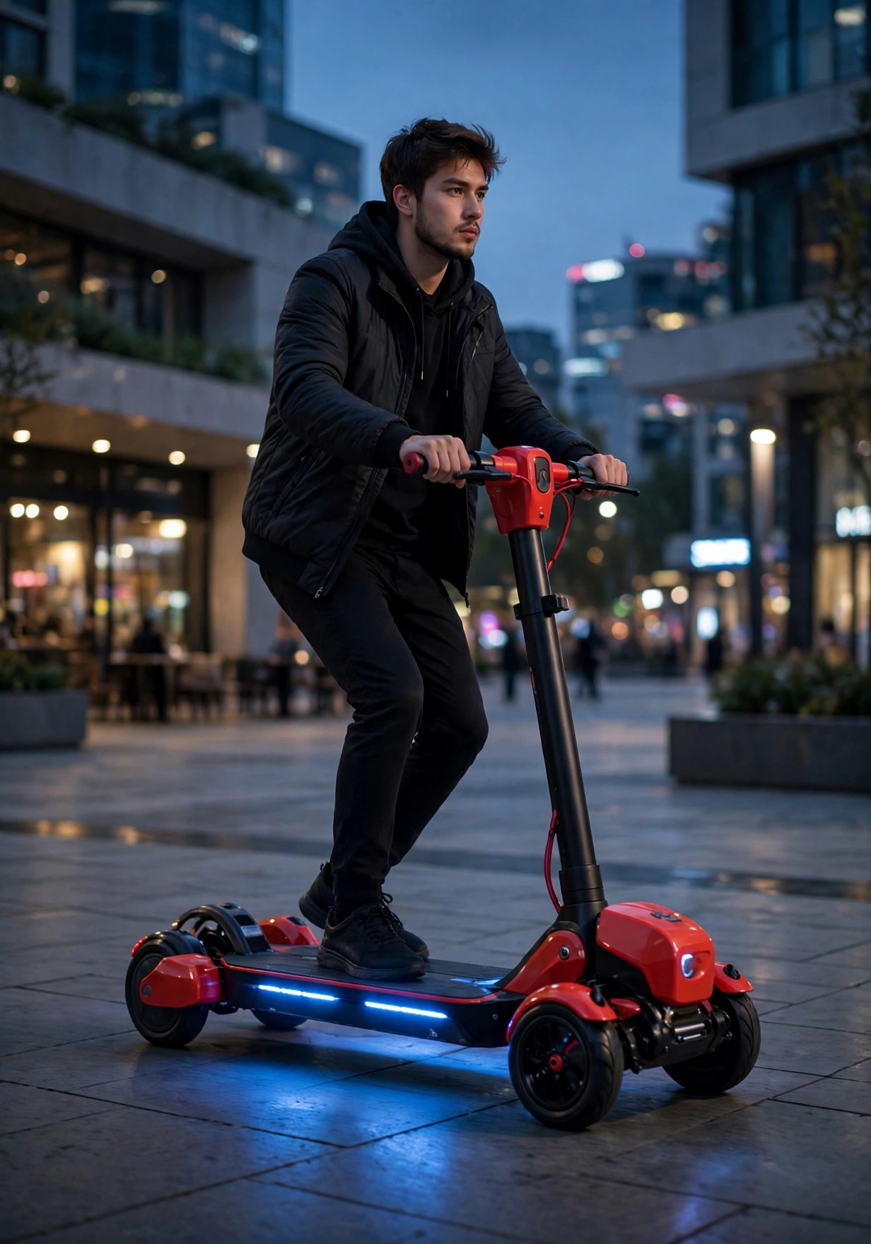 Adult riding the Bluetooth electric scooty through a city plaza
