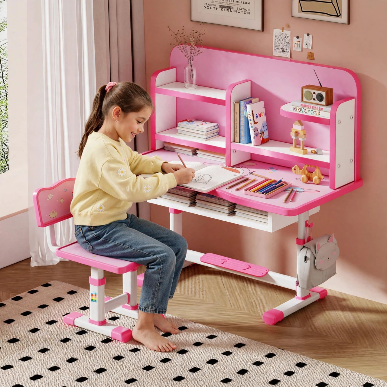 Pink Kids Study Desk with Bookshelf Hutch and Chair