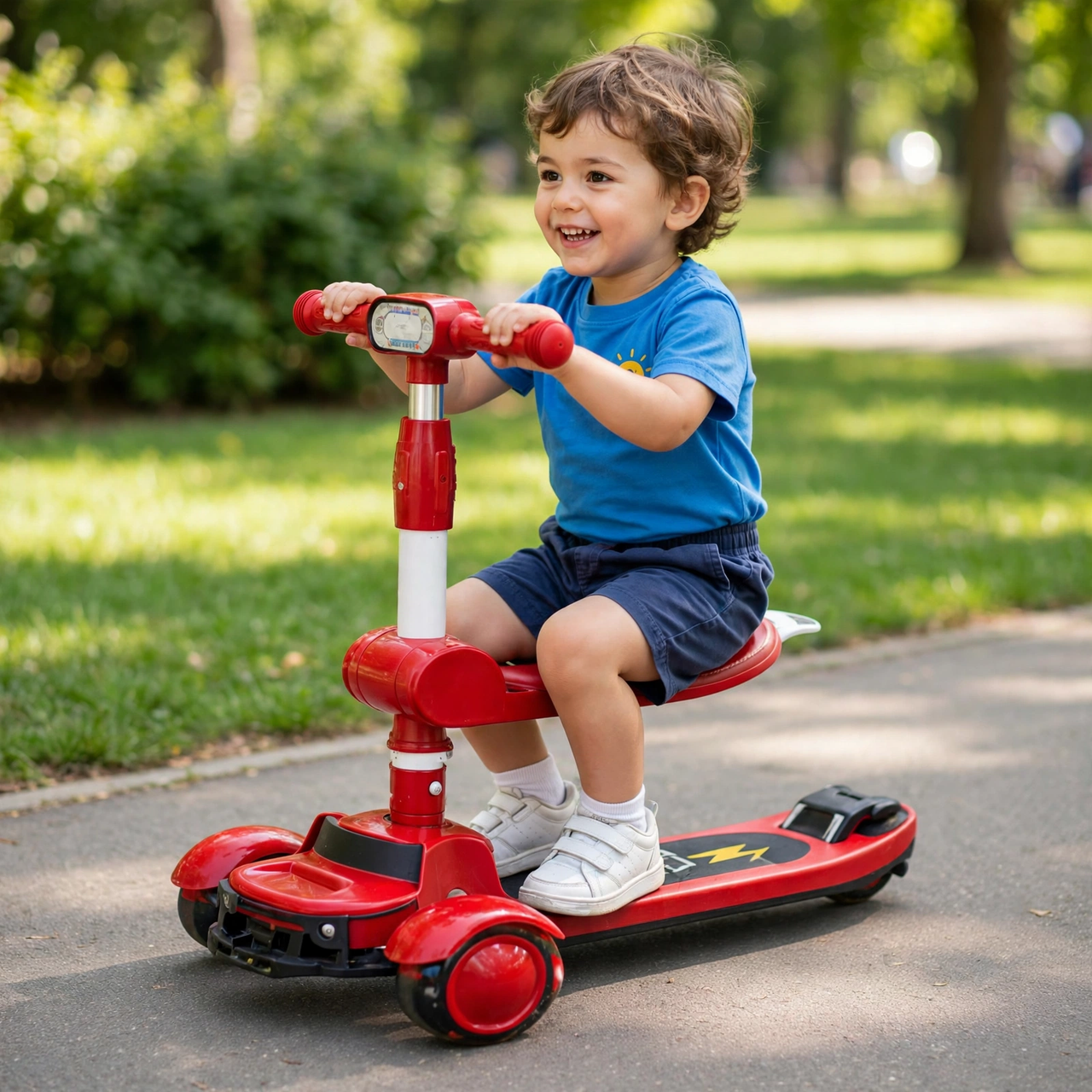 Child riding the red 3-in-1 toddler scooter in the park