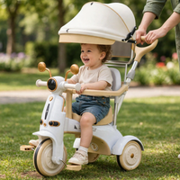 Thumbnail for Toddler riding the white tricycle in a park with parent pushing