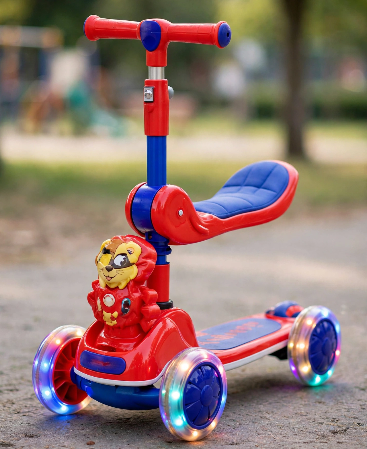 Close-up of the musical scooty's seat and light-up wheels