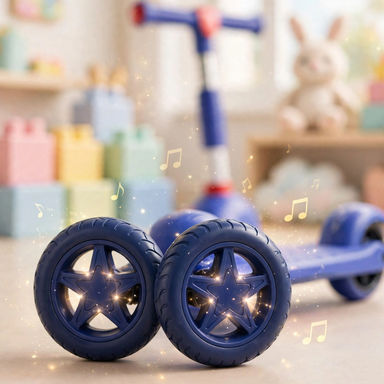 Star-design wheels of the blue musical scooty
