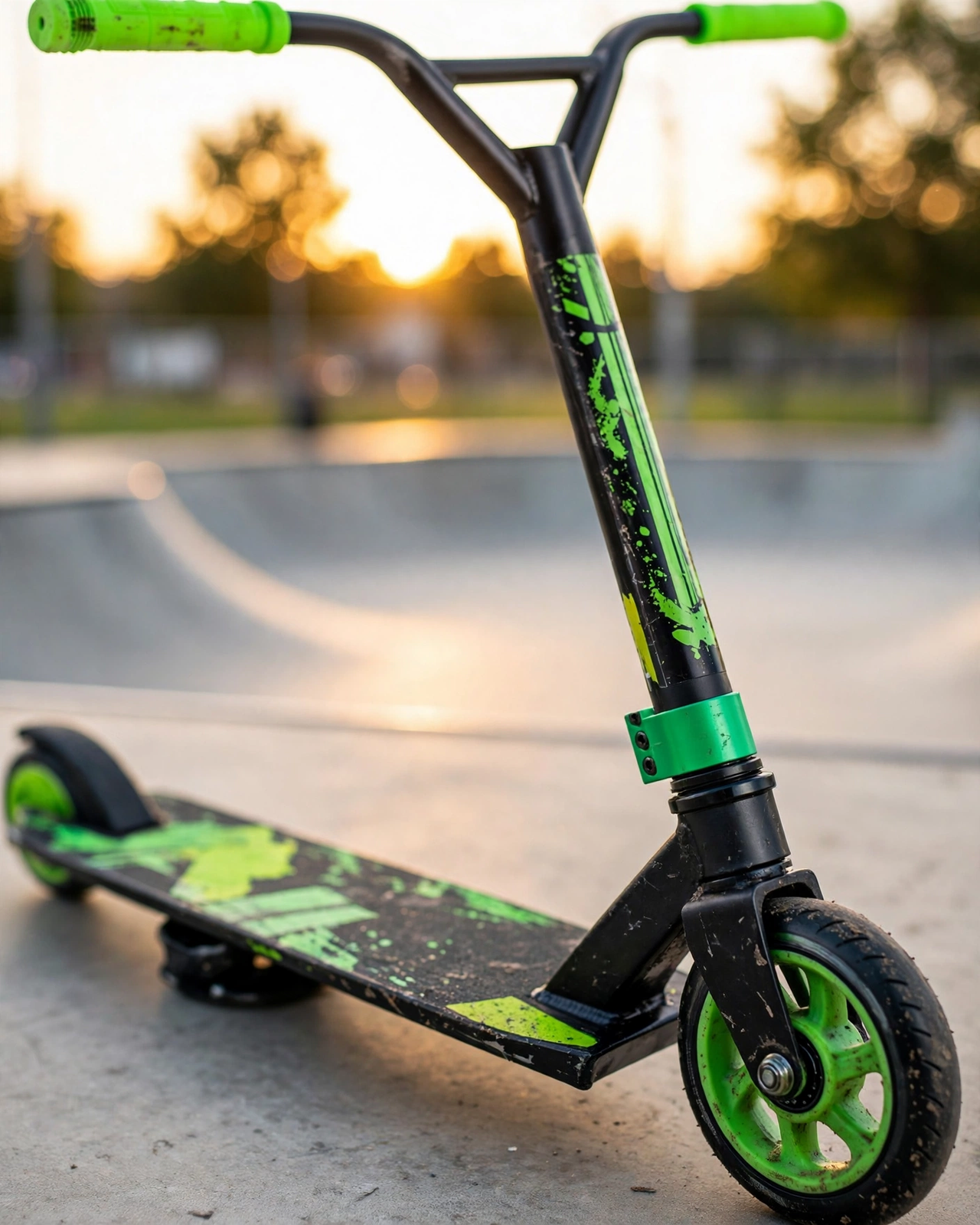 Close-up of the green stunt scooty deck and wheels