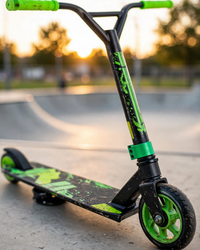 Thumbnail for Close-up of the green stunt scooty deck and wheels