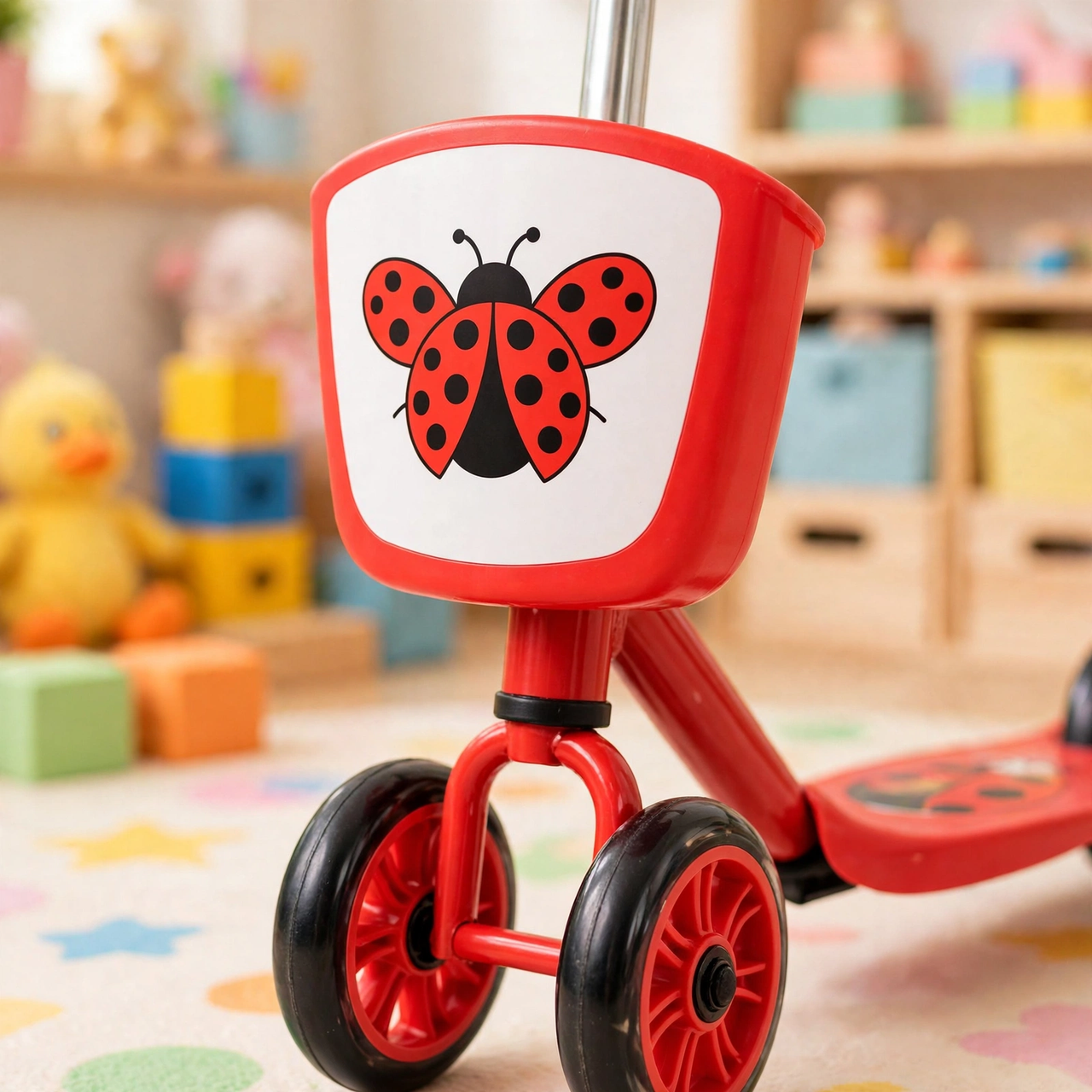 Ladybug graphic on the front panel of the red scooter