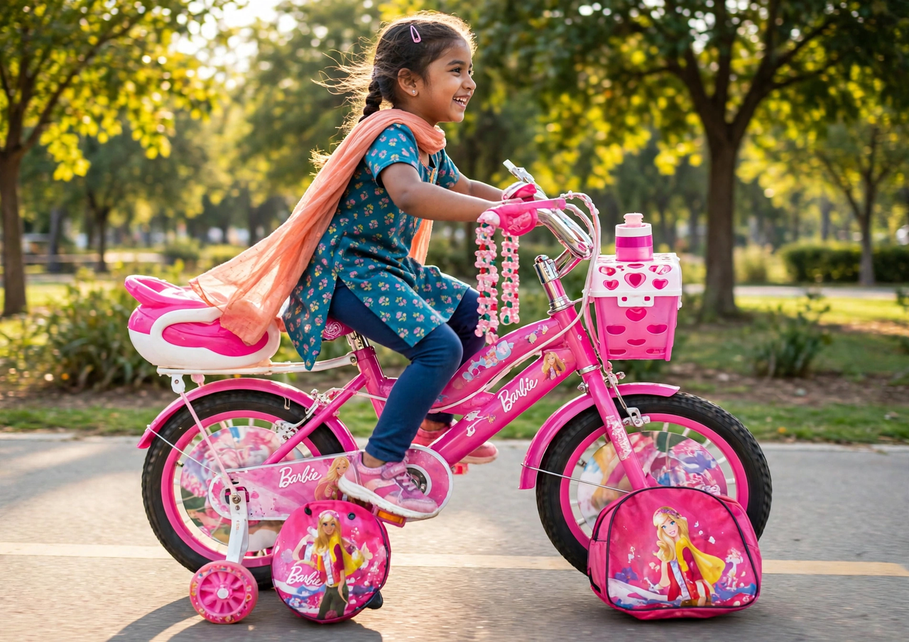 Girl riding the pink Barbie 20-inch bicycle in a park