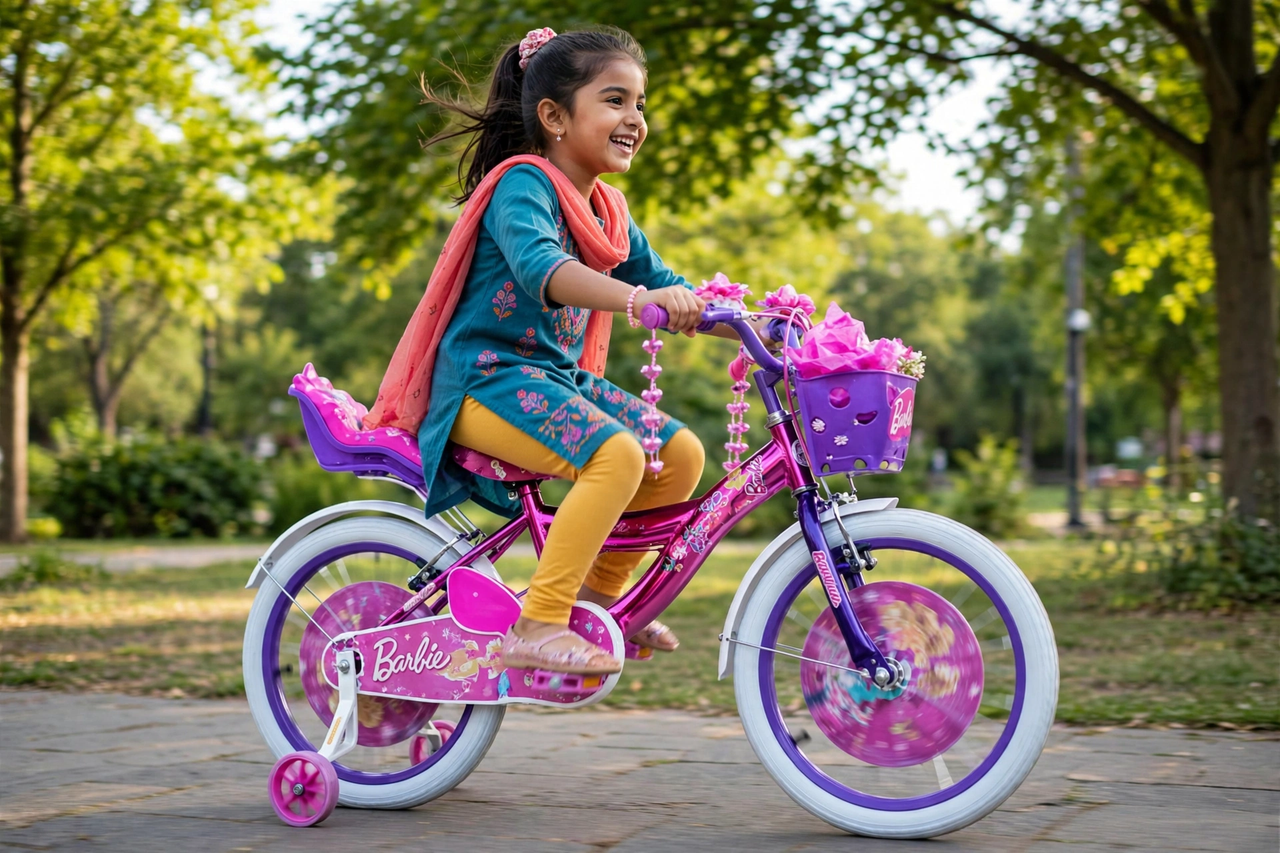 Girl riding the Barbie Chrome Edition bicycle in a park