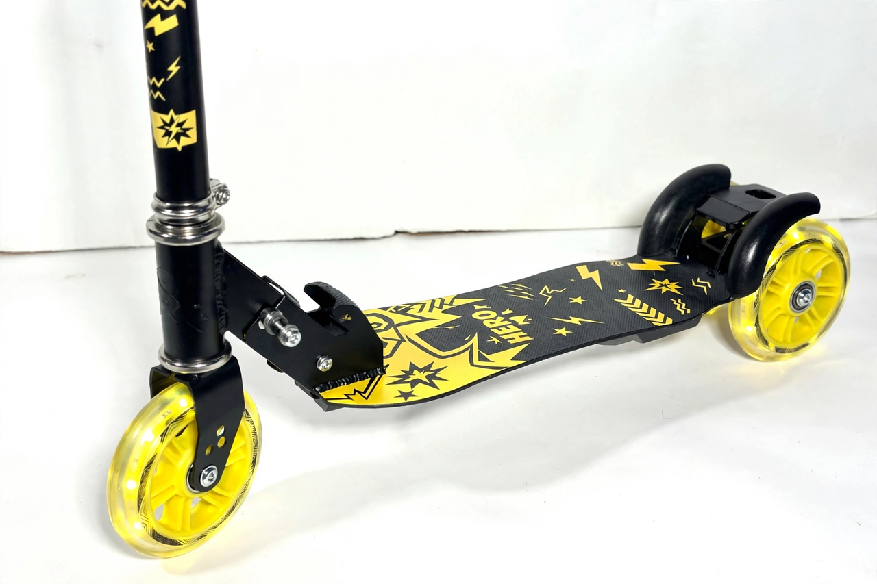 Close-up of the yellow light-up wheels and Batman deck