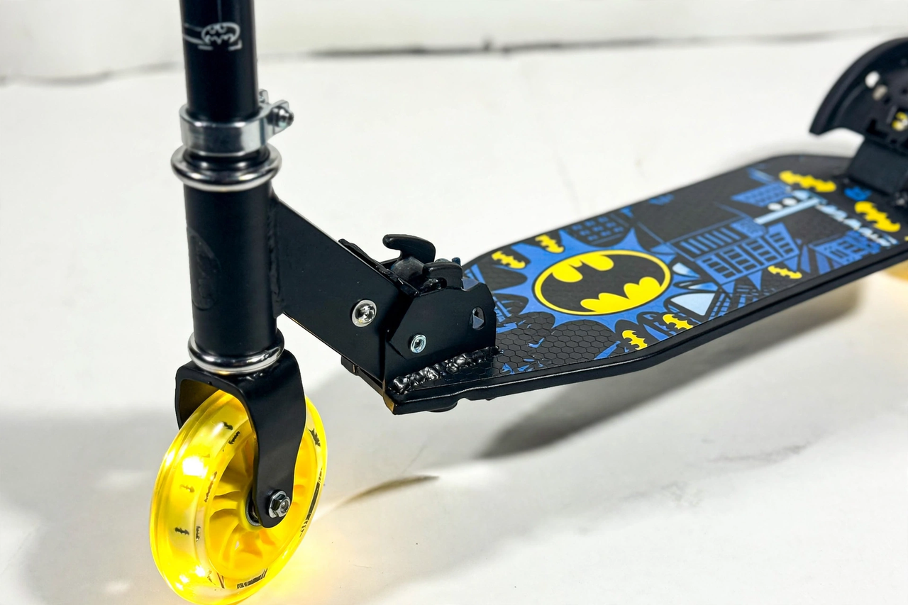 Close-up of the Batman deck graphics and light-up wheels