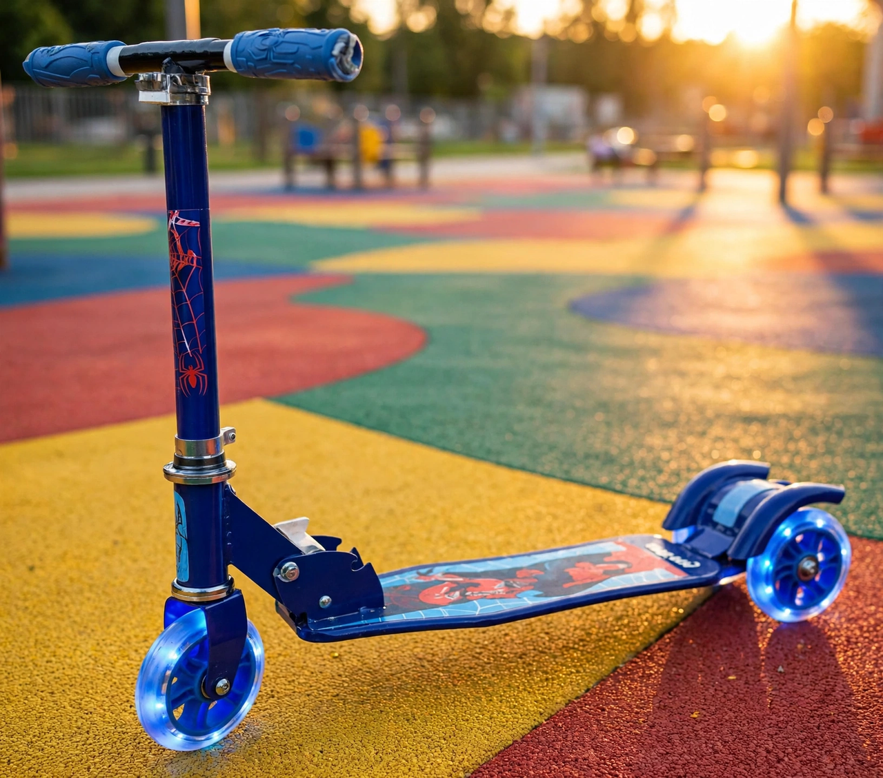 Close-up of the web-slinger graphics and light-up wheels