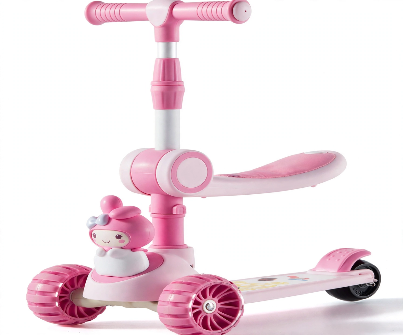 Close-up of the pink cartoon front panel and comfy seat