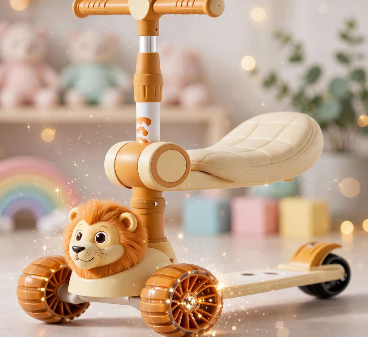 Close-up of the lion character front panel, padded seat and flash wheels