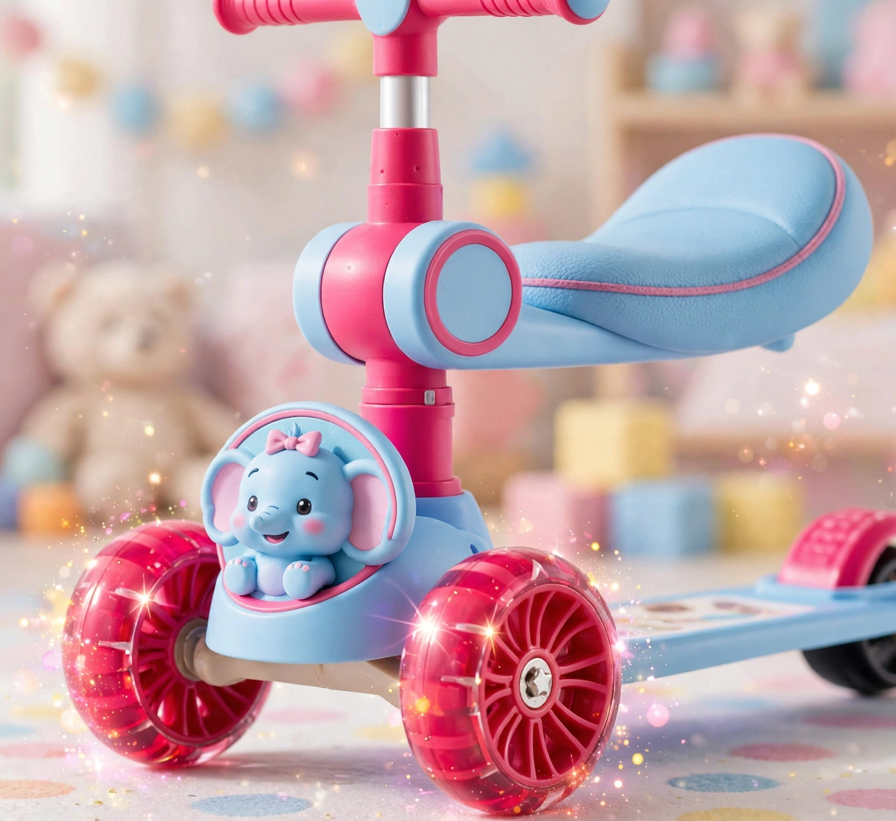 Close-up of the blue elephant character front panel, padded seat and flash wheels