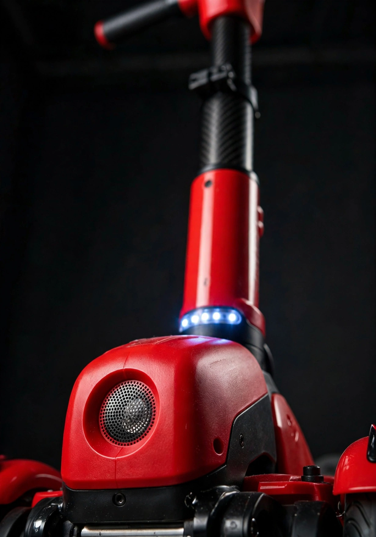 Close-up of the Bluetooth electric scooty's front panel and lights
