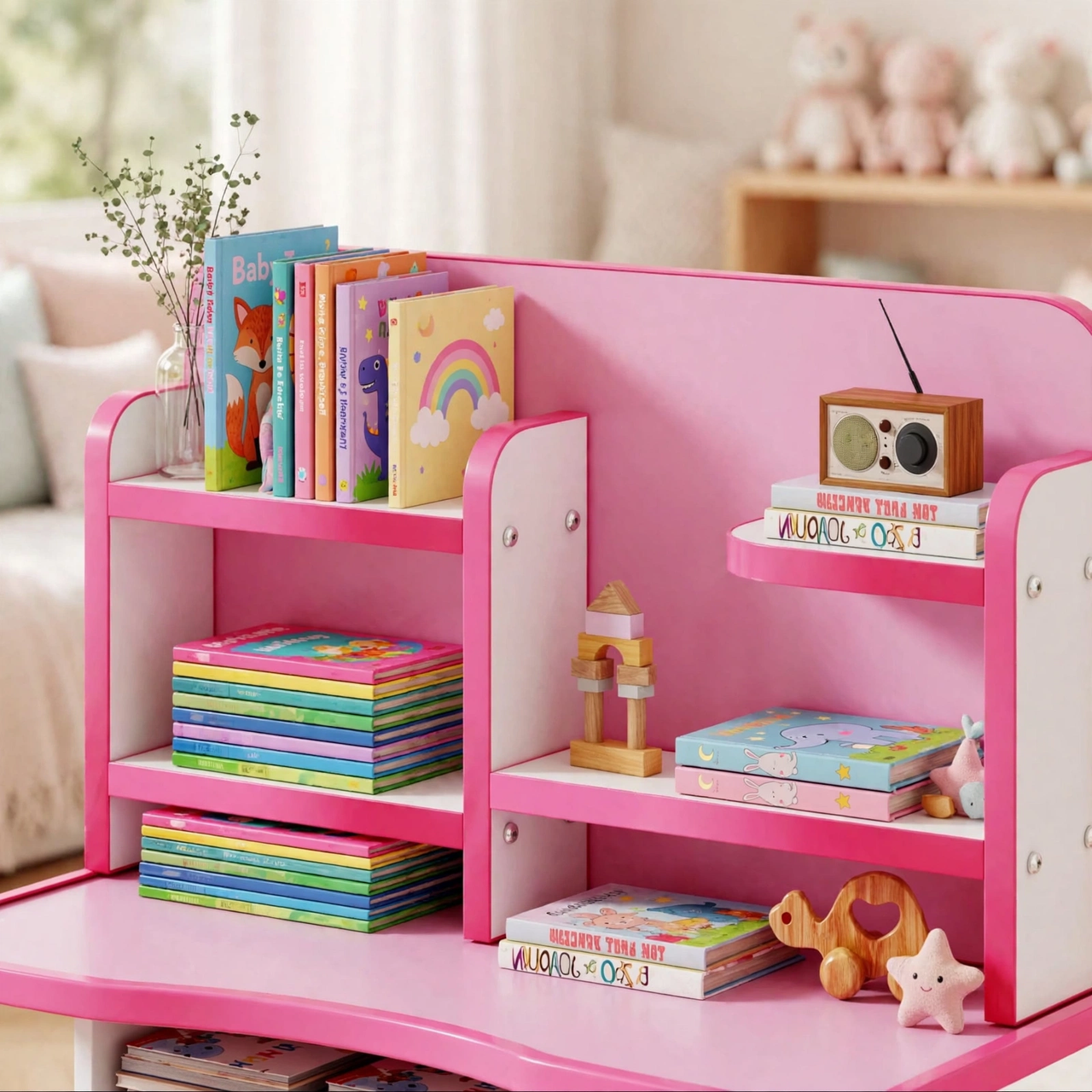 Pink Kids Study Desk with Bookshelf Hutch and Chair