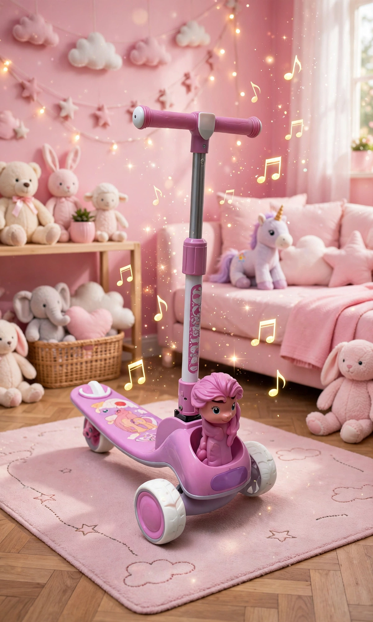 Pink musical scooty in a pink kids bedroom with music notes