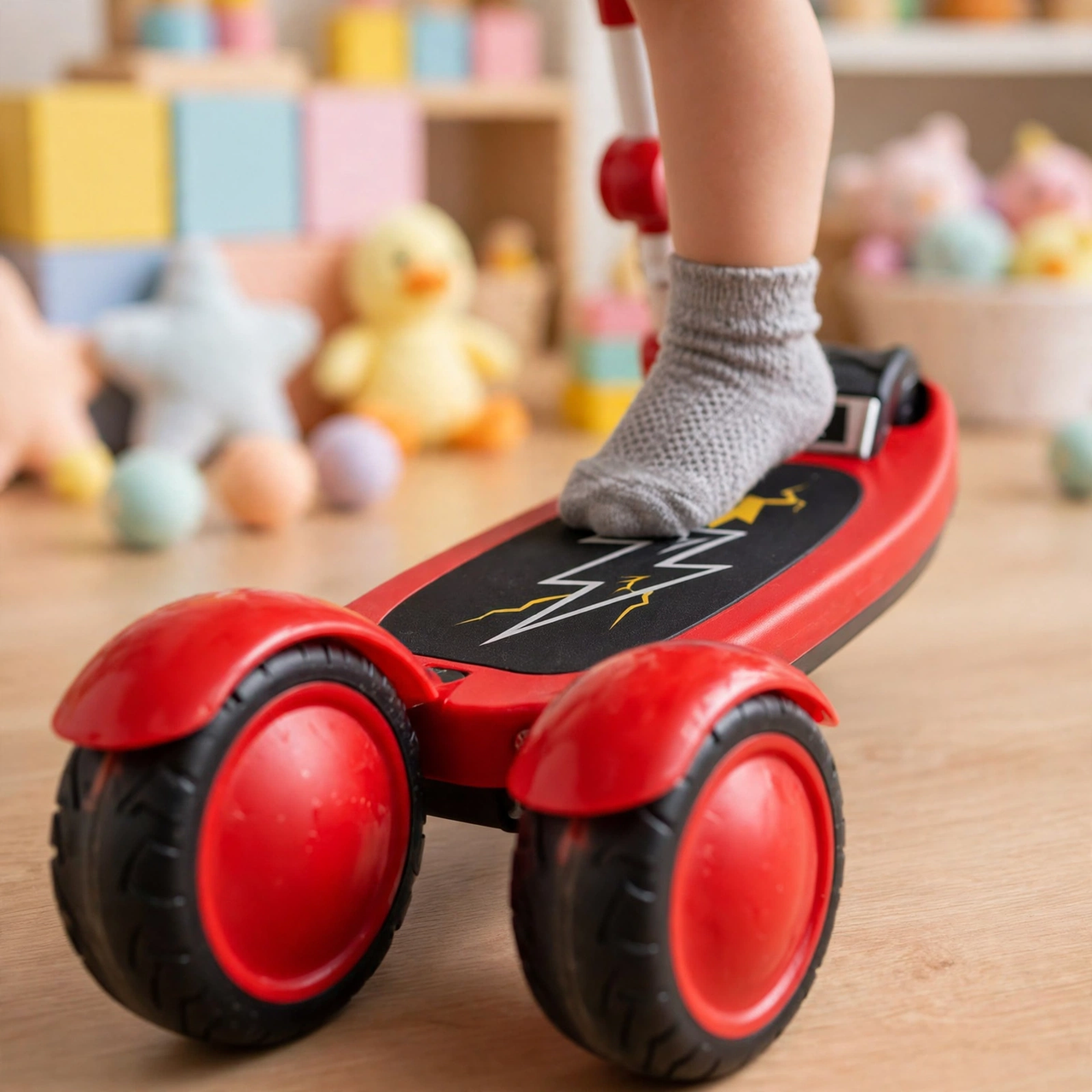 Close-up of deck and wheels of the red 3-in-1 toddler scooter