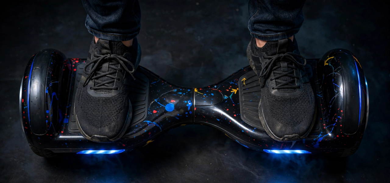 Rider's feet on the hoverboard's textured foot pads
