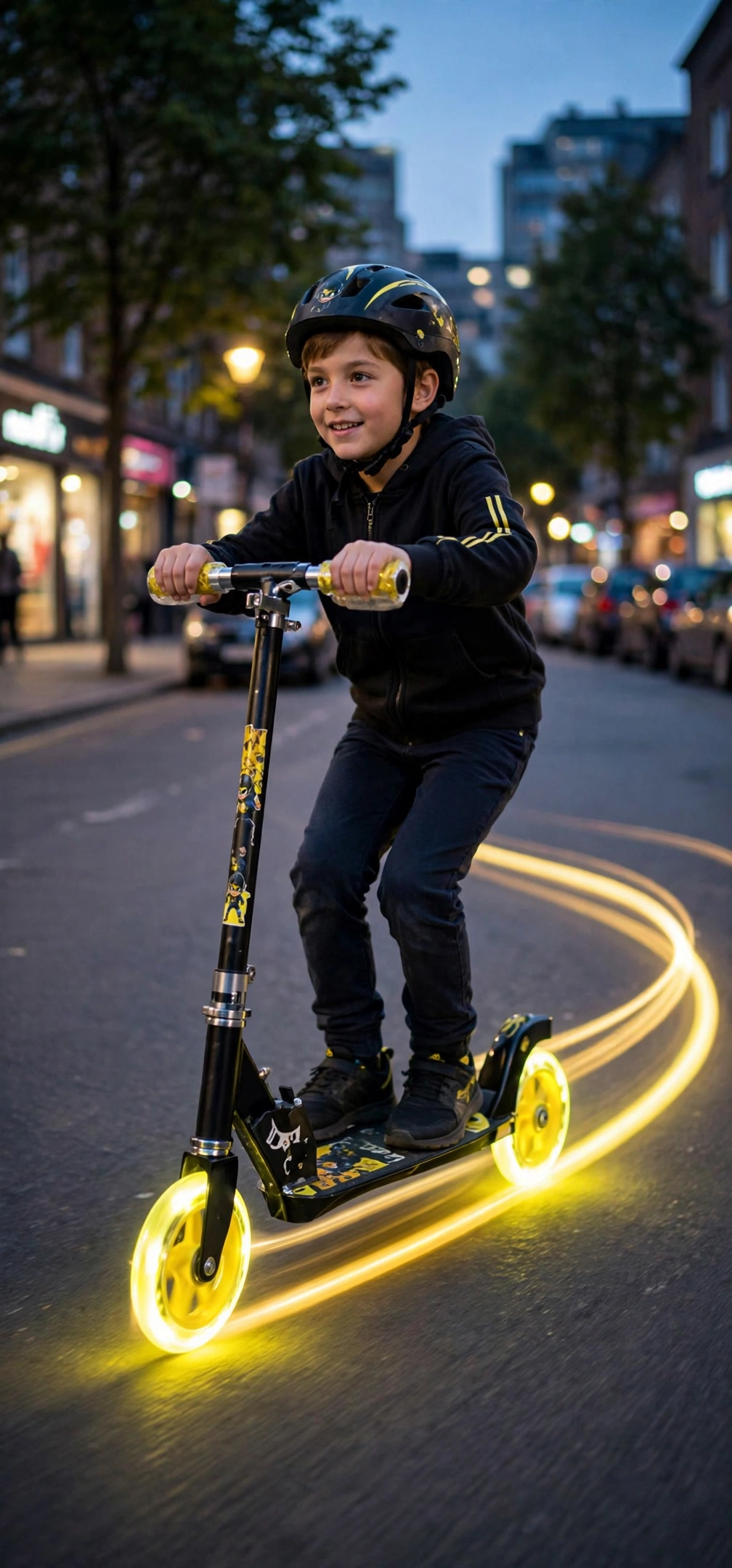 Batman Street scooter with glowing wheels at dusk