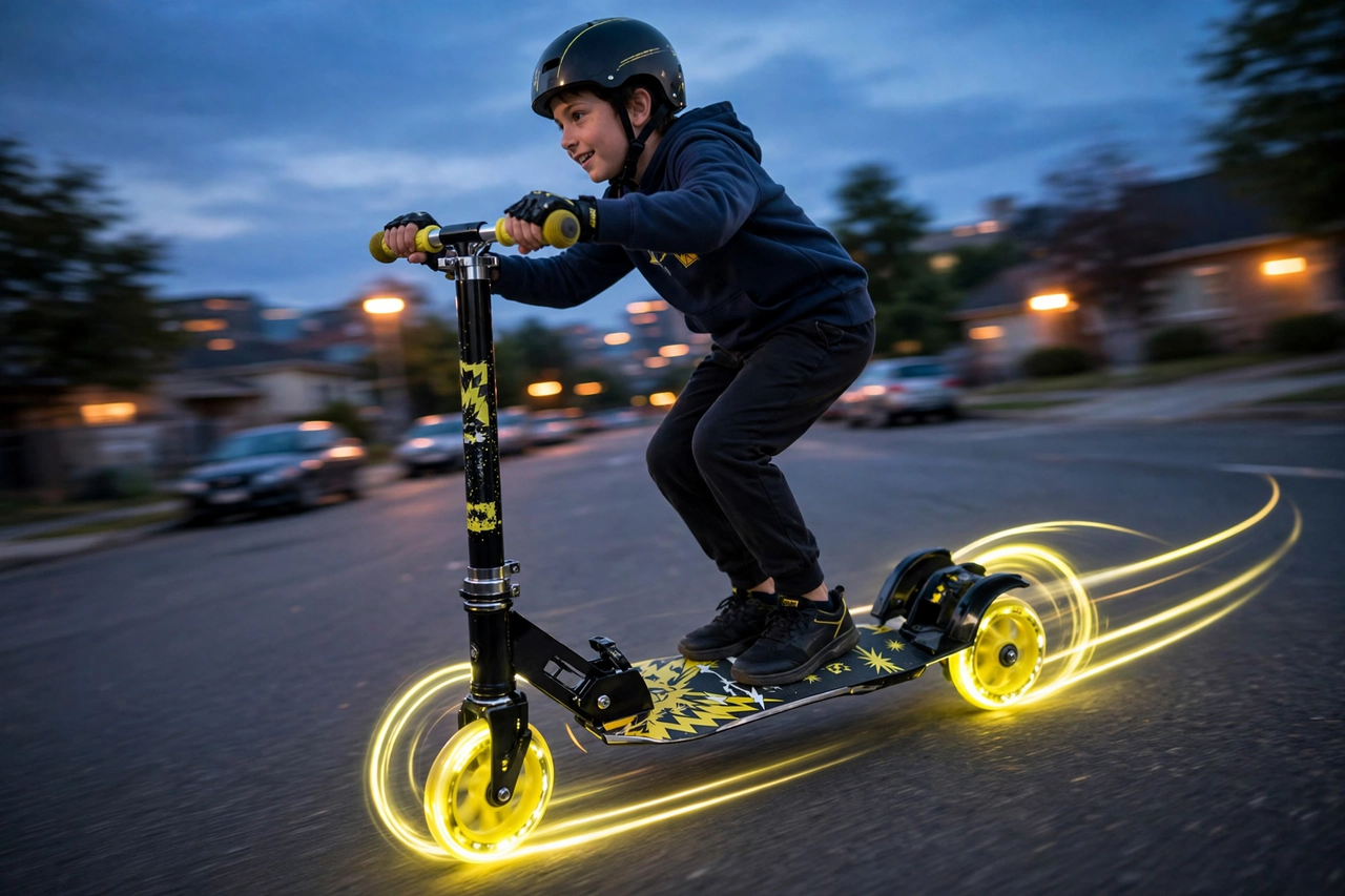 Batman scooter with glowing yellow wheels at dusk