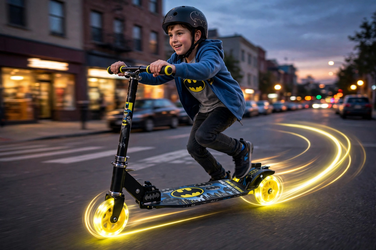 Batman scooter with glowing wheels at dusk