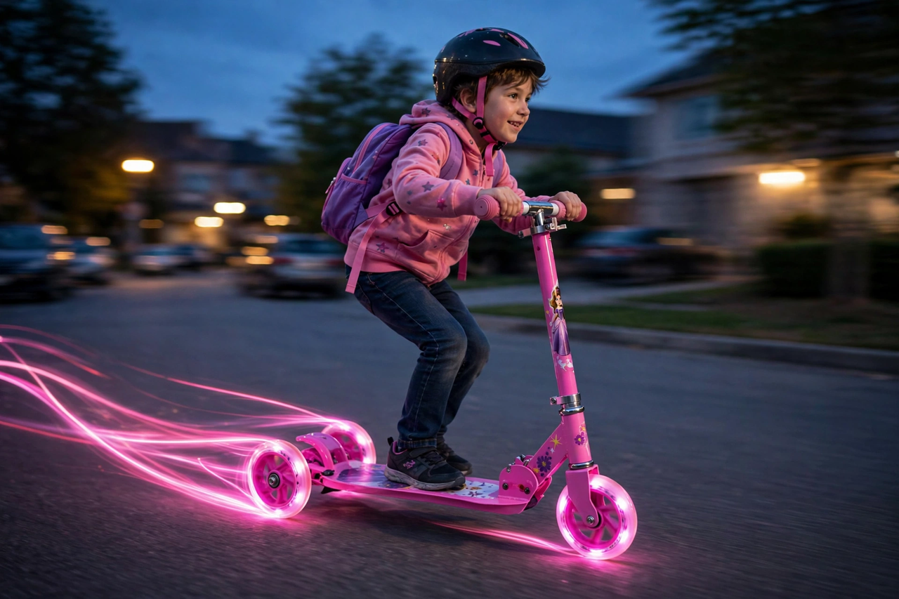 Barbie scooter with glowing wheels at dusk