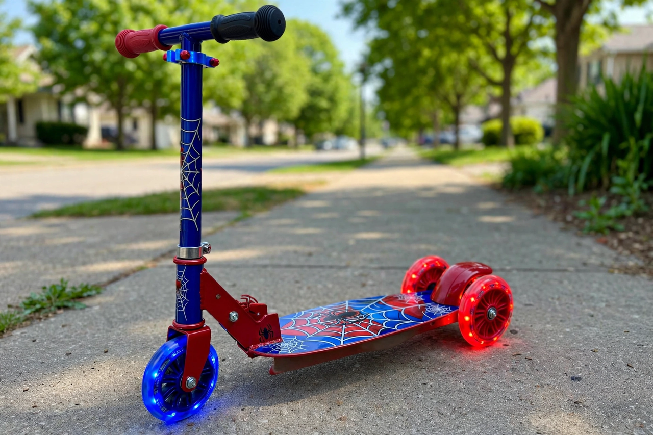 Spider-Man Web Rider Scooty with glowing wheels at dusk