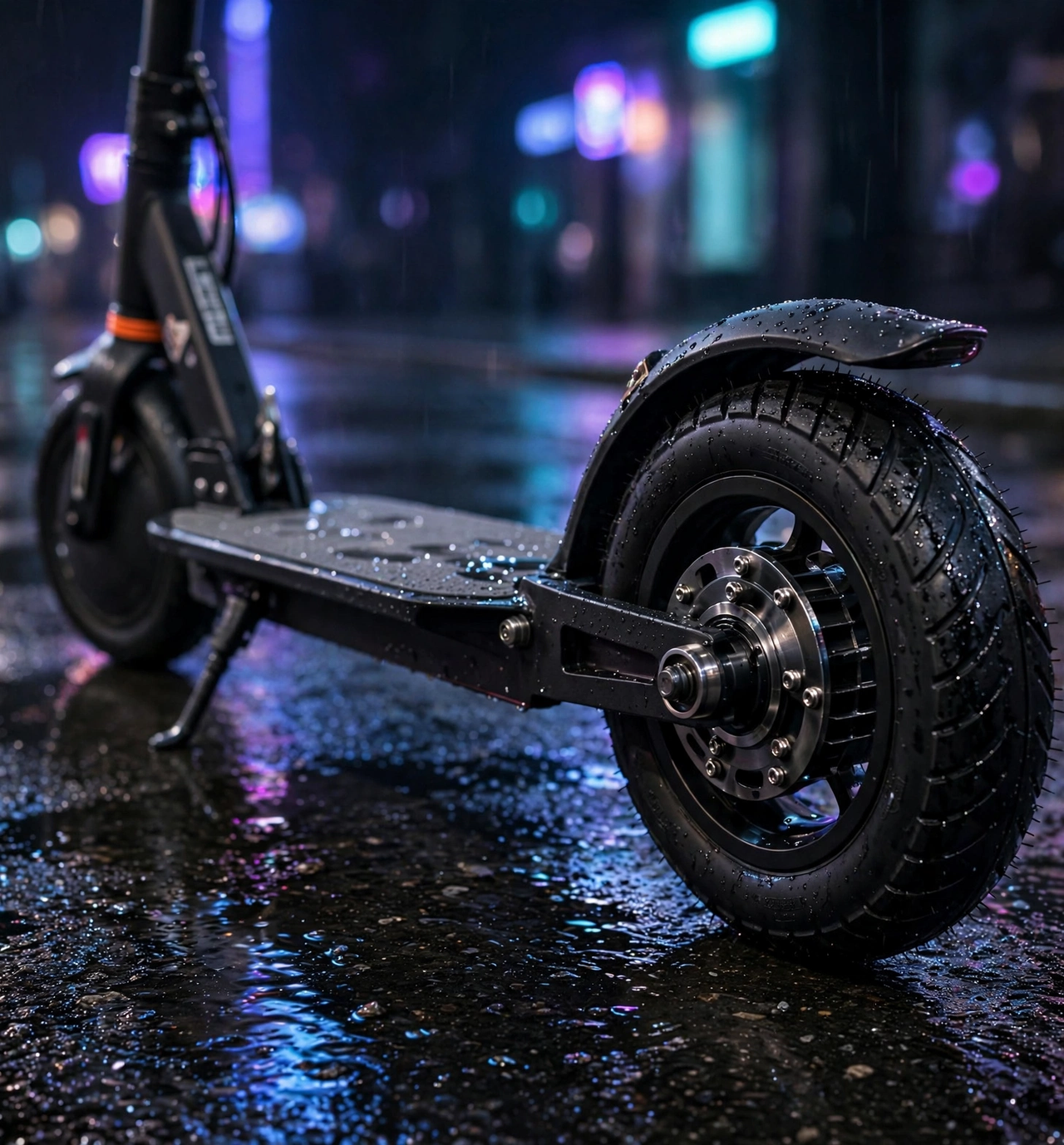 Close-up of the electric scooty's fat rear tire and motor hub