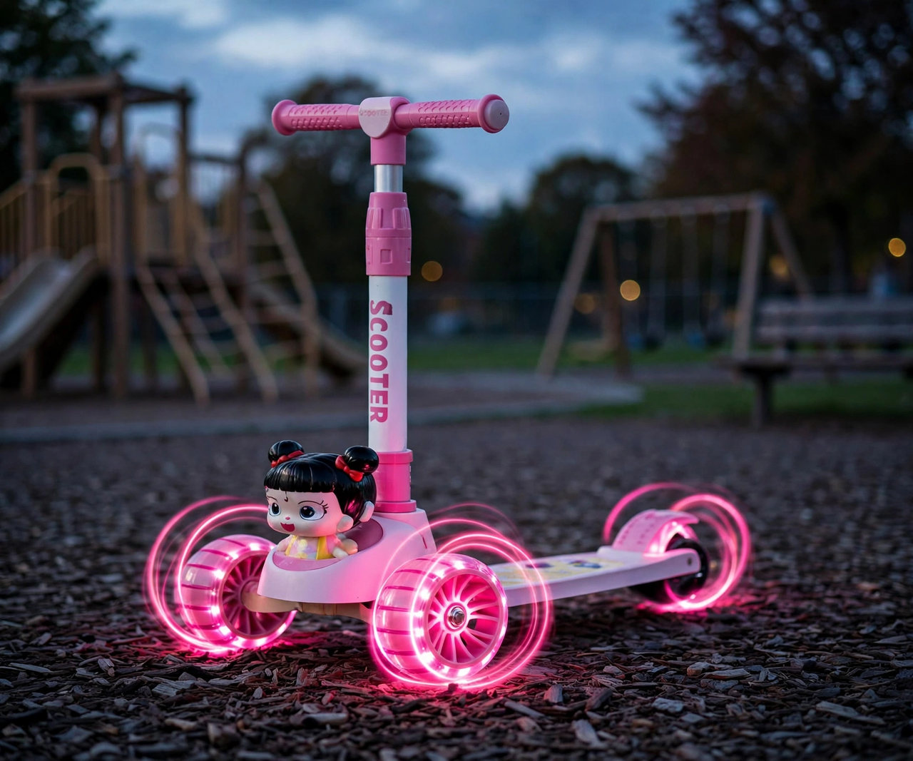 Lovely Pink Doll Scooty with glowing flash wheels at dusk