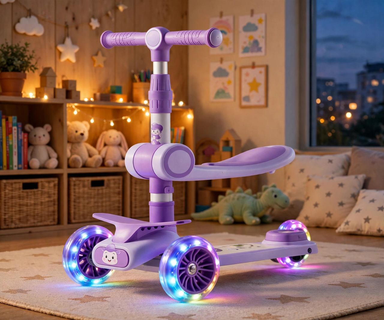 Lovely Purple Scooty with glowing flash wheels at dusk