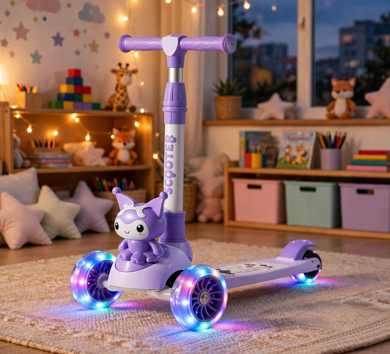 Lovely Lavender Scooty with glowing flash wheels at dusk