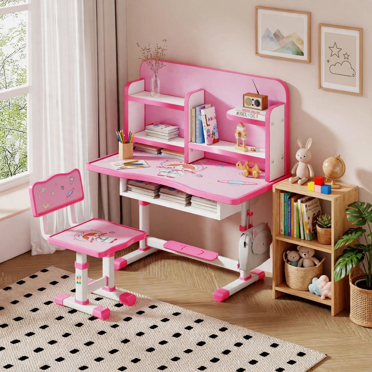 Pink Kids Study Desk with Bookshelf Hutch and Chair