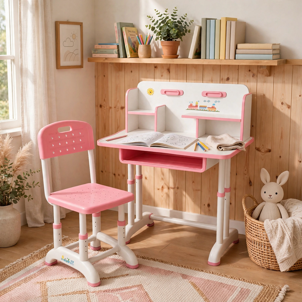 Pink Kids Study Table with Drawer and Chair - view 4