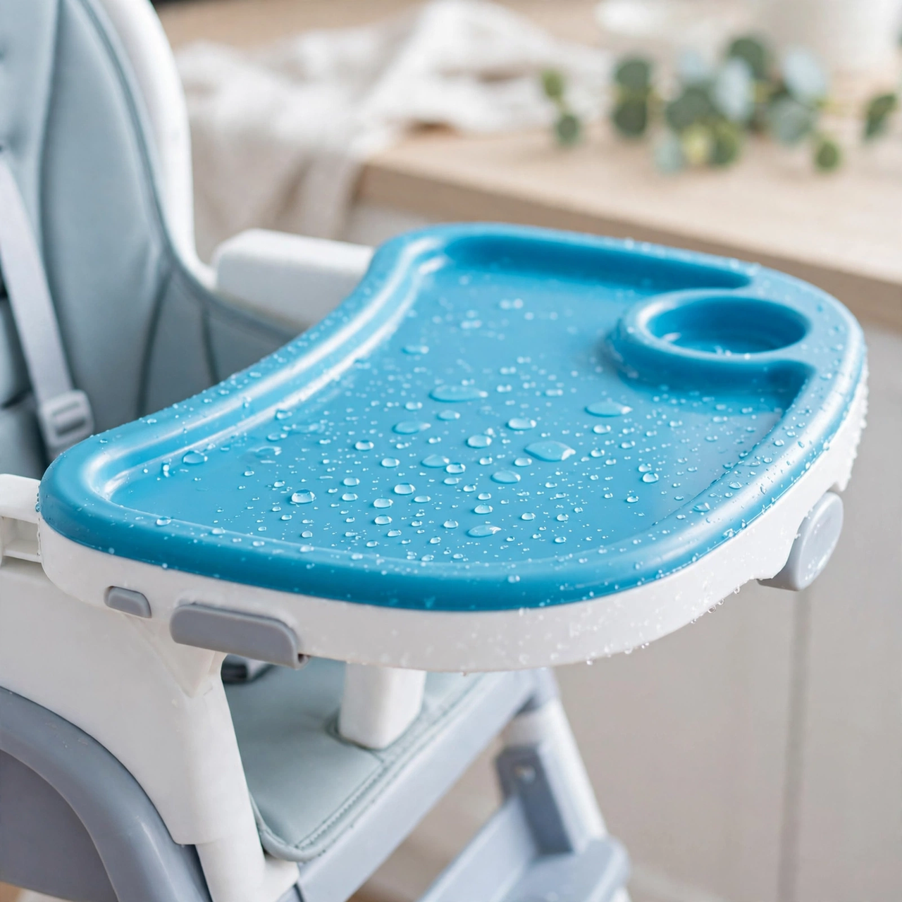 Close-up of the large wipe-clean tray with cup holder