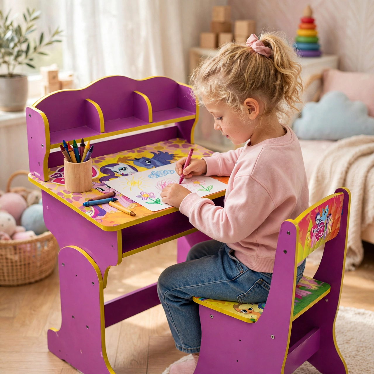 Pony Theme Kids Study Desk with Chair - drawing